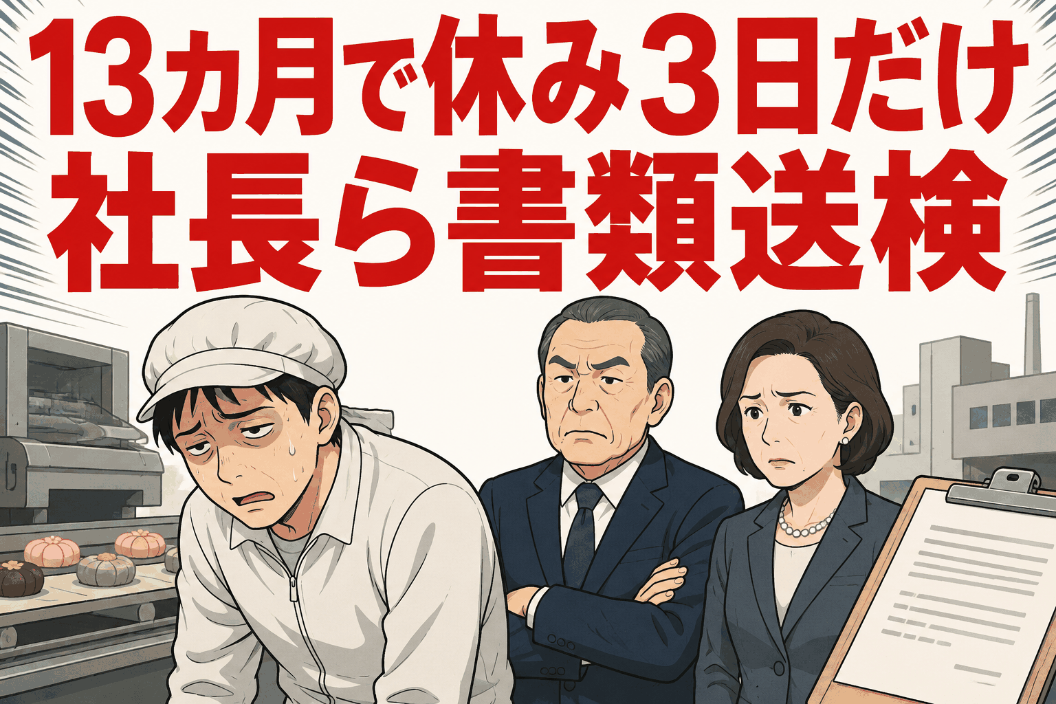 13カ月で休日3日、和菓子製造会社の会長と社長が労働基準法違反の疑いで書類送検された過労死事件のイメージ