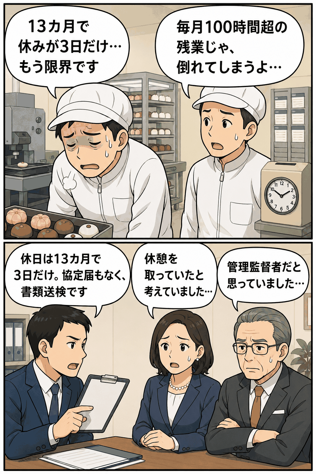 13カ月で休日3日、毎月100時間超の残業を訴える和菓子製造会社の社員と、労基署による書類送検を描いた漫画画像