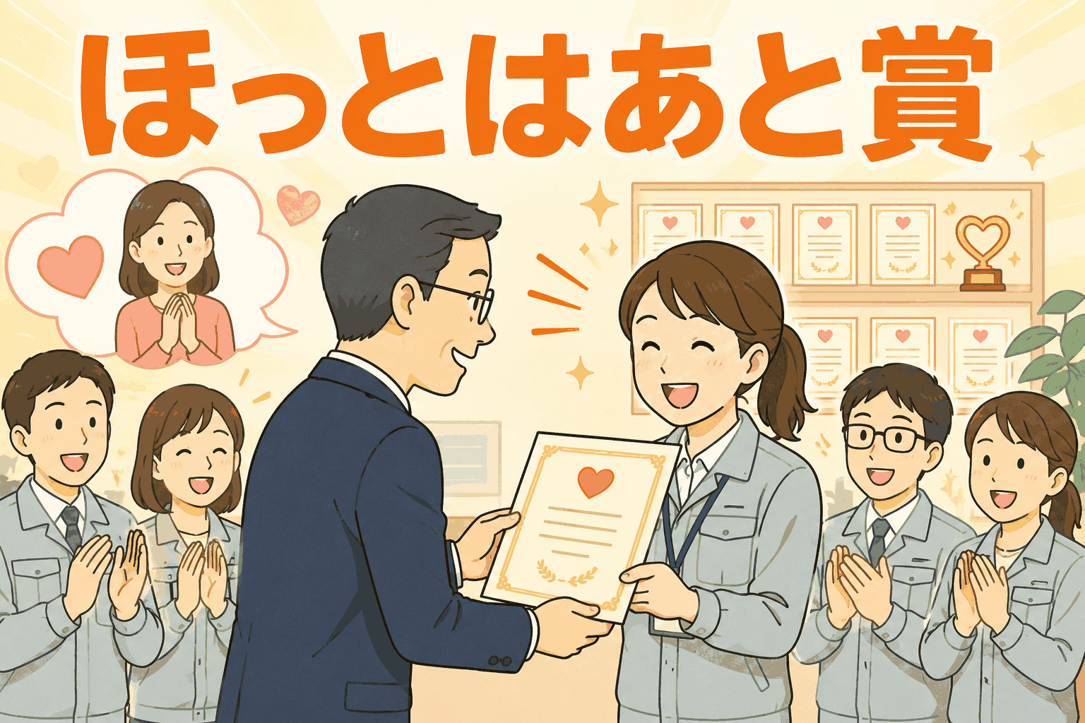 社内掲示板「みんなの広場」で社員の前向きな意見や情報発信が評価され、ほっとはあと賞を受賞する女性社員のイラスト