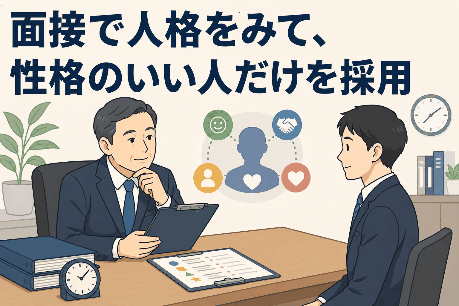 面接で人格や性格の良さを重視し、素直さや謙虚さを見極めながら採用する企業のイメージ