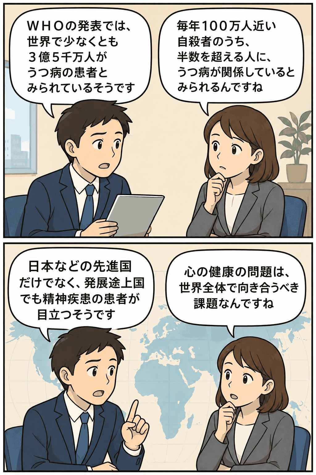 WHOの統計をもとに、世界のうつ病患者数や自殺との関連、先進国・発展途上国での精神疾患について話し合う男女の漫画