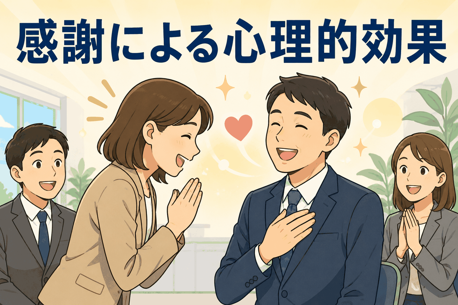 感謝による心理的効果を表すイラスト。職場で感謝を伝え合う人々が笑顔になり、幸福感や前向きな気持ちが高まる様子。