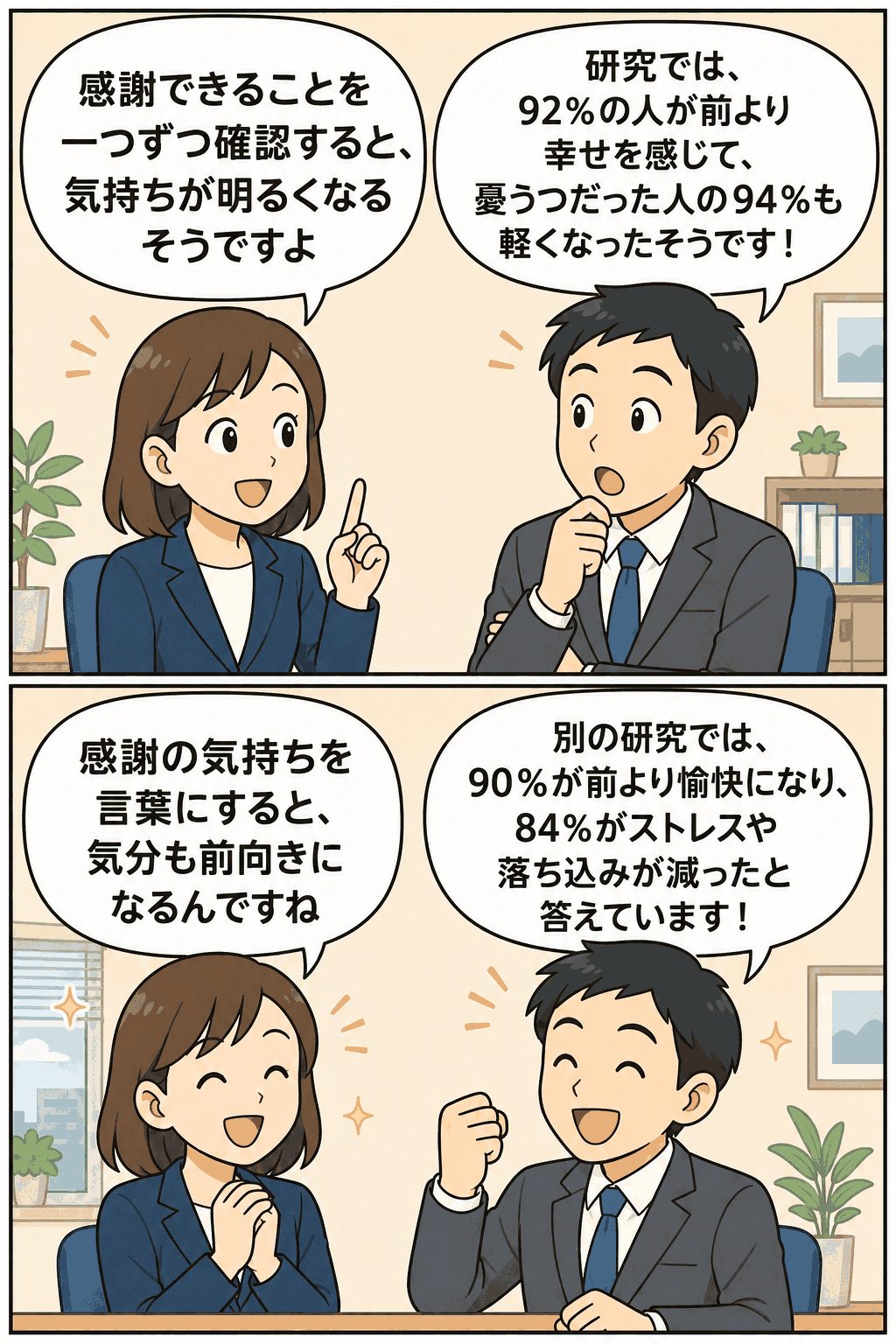 感謝できることを確認し、感謝の気持ちを言葉にすることで、幸福感が高まりストレスや落ち込みが減る研究結果を紹介する漫画風イラスト。