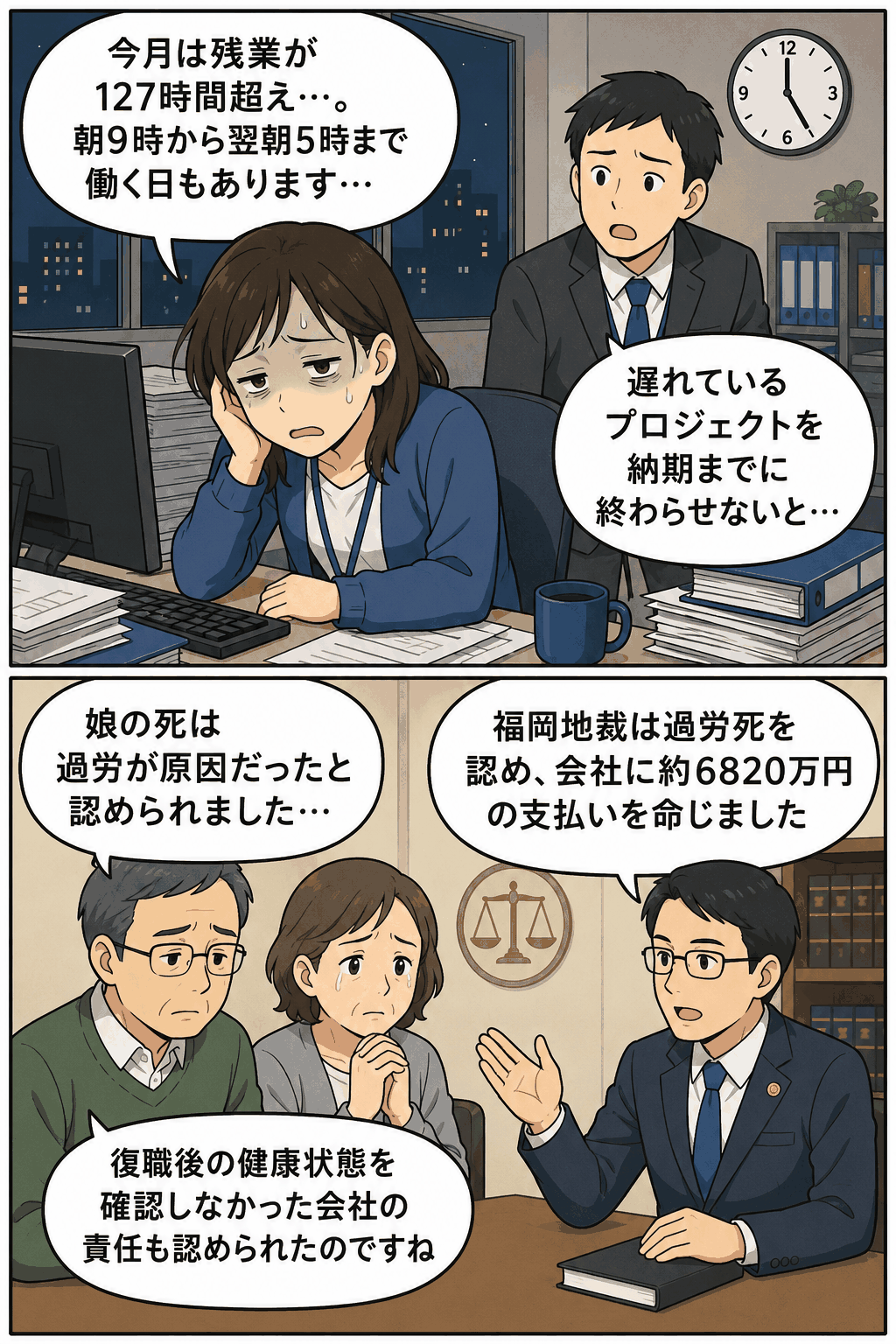月127時間超の残業と深夜勤務に苦しむ女性システムエンジニアの過労死認定を解説する漫画