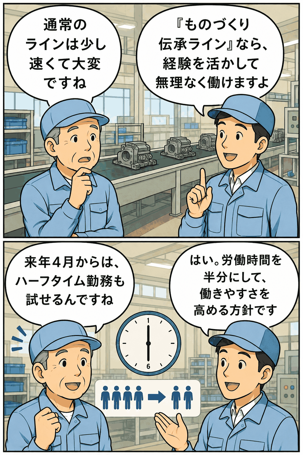 高岡工場のものづくり伝承ラインで、シニア従業員向けの低速生産ラインとハーフタイム勤務について説明する工場漫画