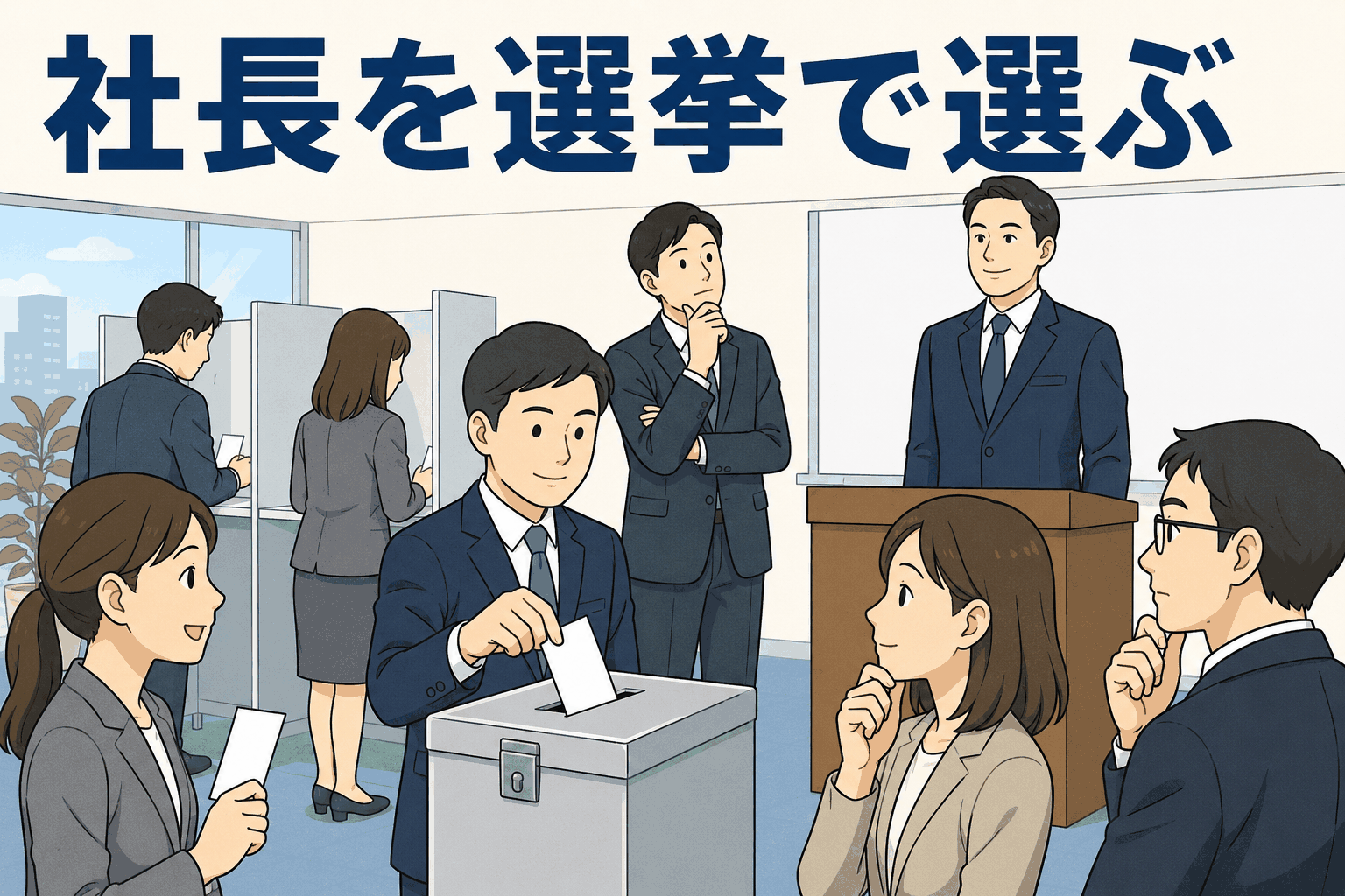 社員持ち株制度を導入する会社で、社員が投票用紙を投票箱に入れ、社長を選挙で選ぶ社長公選制のイメージ