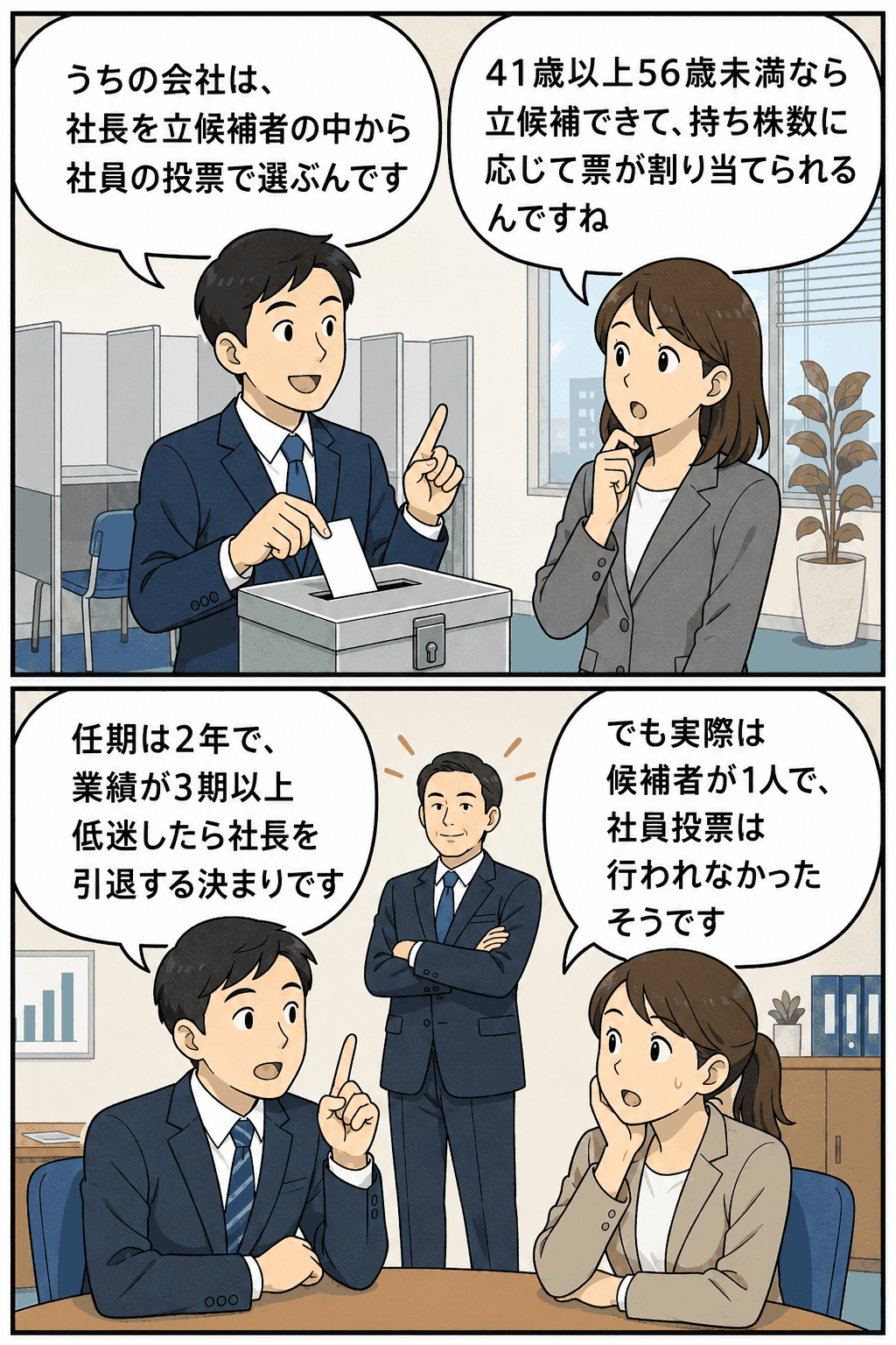社長公選制の仕組みとして、社員投票で社長を選ぶ制度、41歳以上56歳未満の立候補資格、持ち株数に応じた投票権、任期2年や業績低迷時の引退ルールを解説する漫画