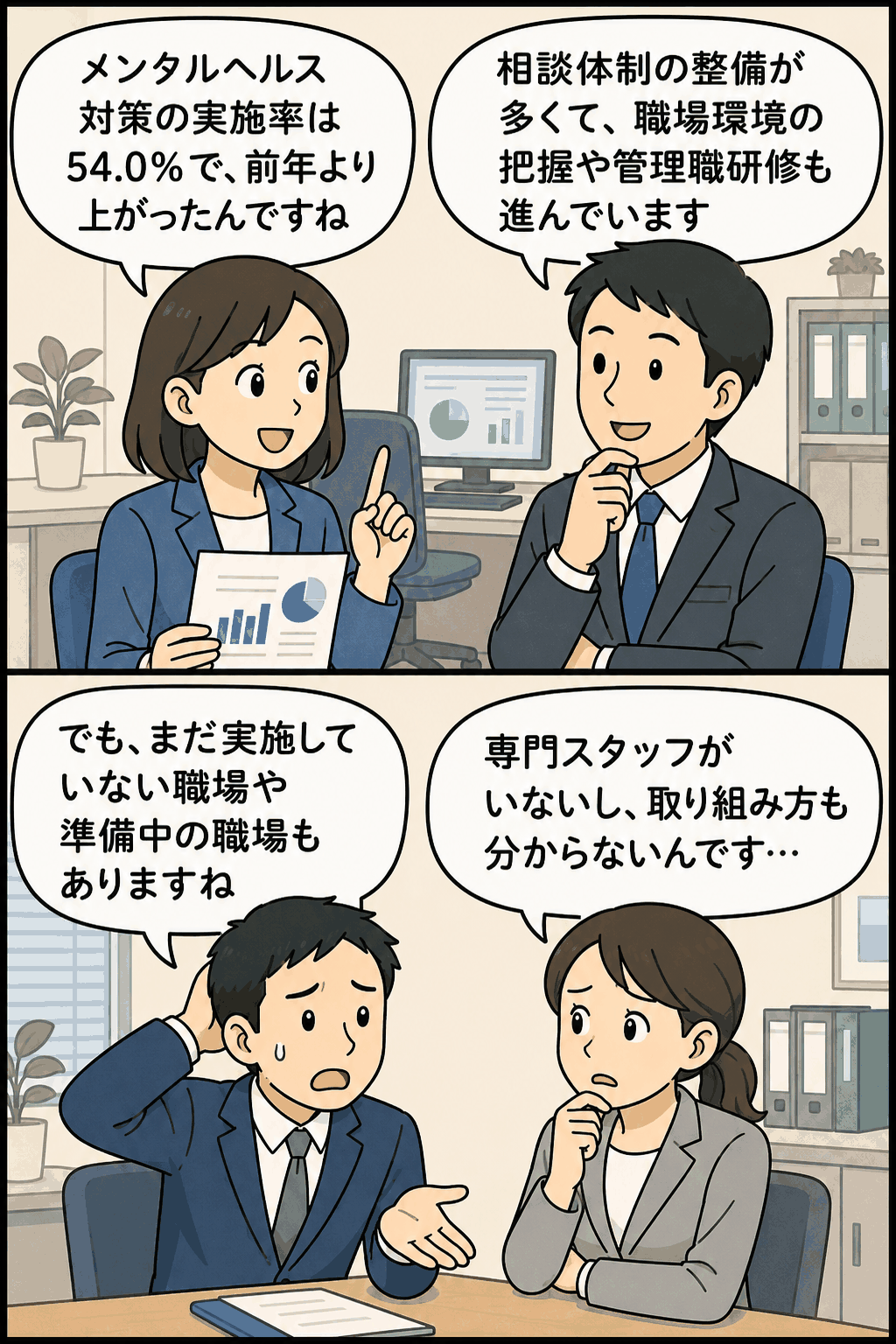 鳥取労働局のメンタルヘルス対策実態調査をもとに、職場の心の健康対策や専門スタッフ不足の課題を表したイラスト