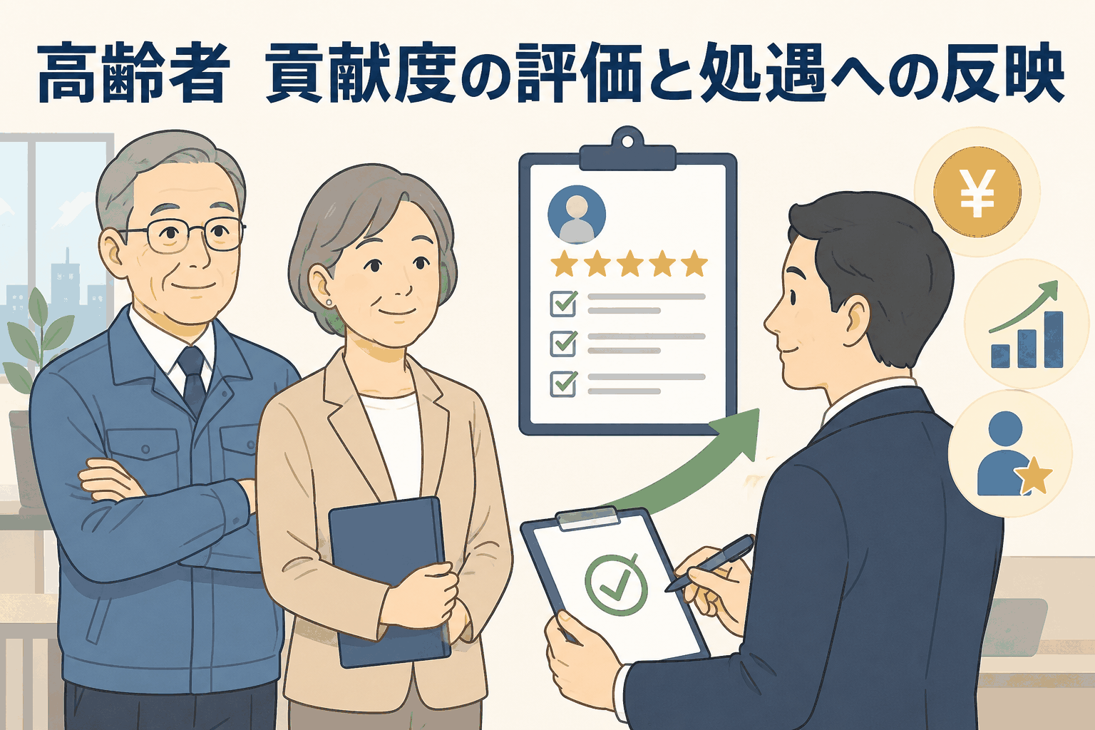 高年齢者雇用における貢献度評価と処遇反映を説明するイラスト