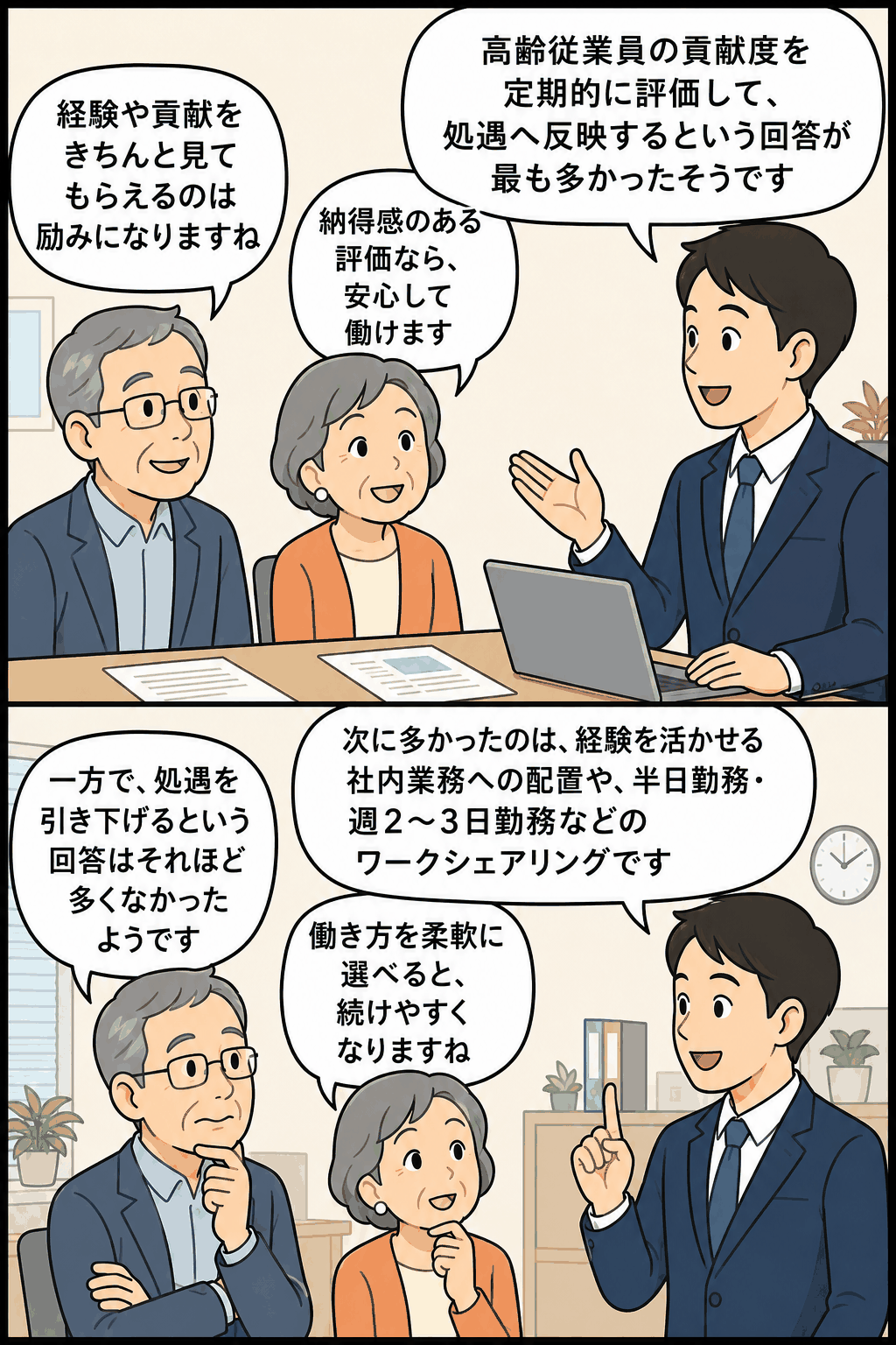 高年齢者雇用における貢献度評価と処遇反映、経験を活かした業務配置やワークシェアリングについて説明する漫画
