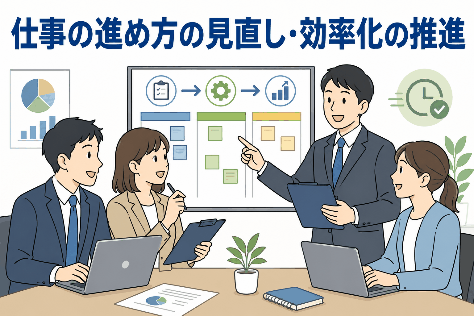 仕事の進め方の見直しと効率化を話し合うビジネスチームのイラスト
