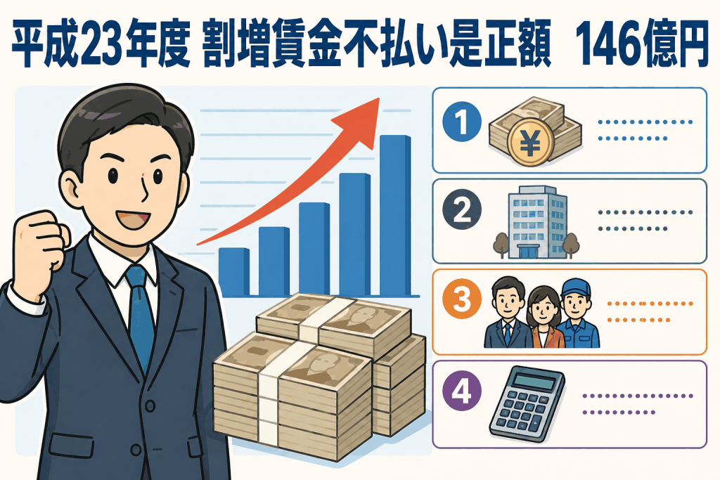 平成23年度の監督指導で支払われた割増賃金不払い是正額146億円を示すイラスト