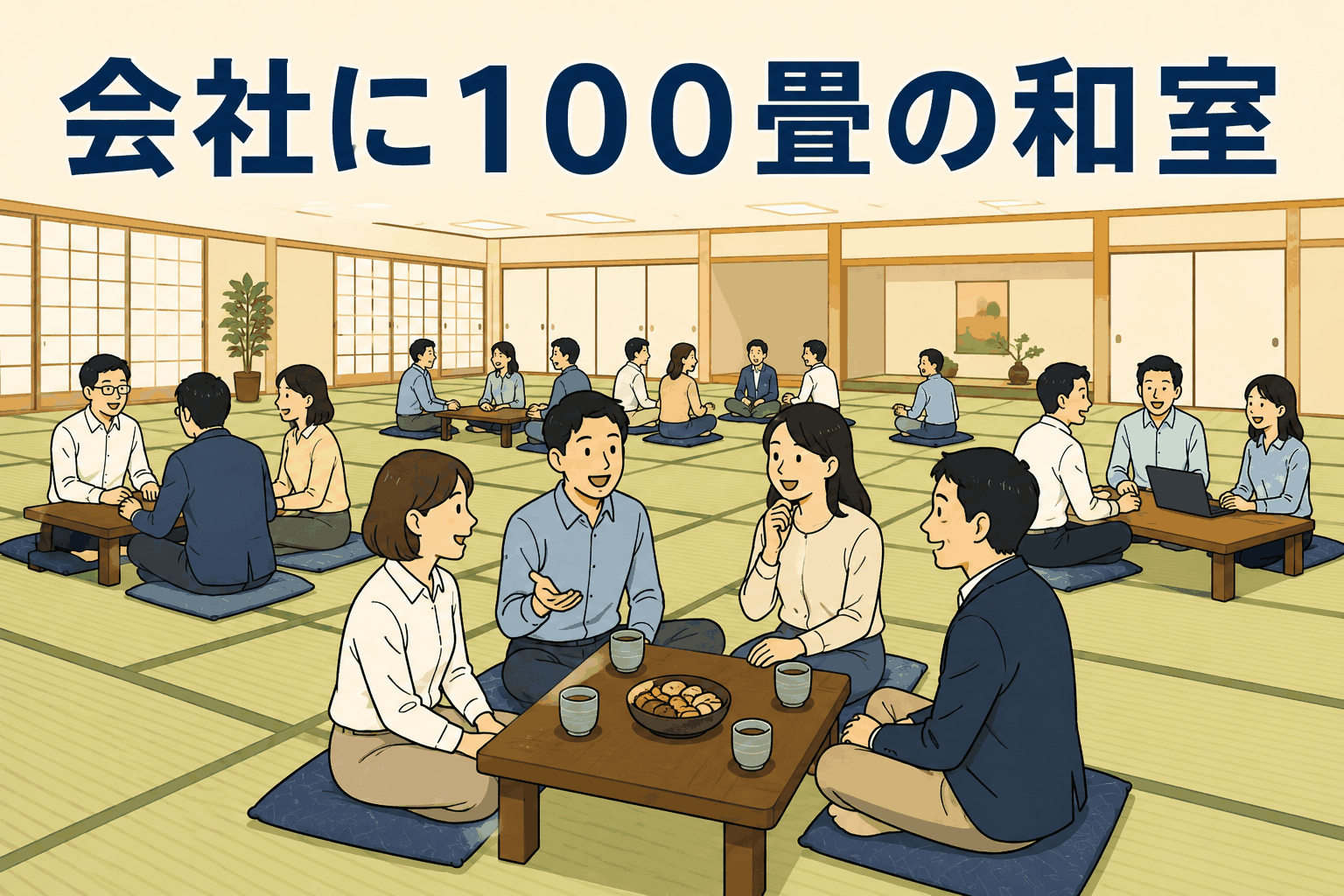 会社の連帯感を高めるために設けられた100畳の和室コンパ専用ルームで、社員が座卓を囲んで交流する様子