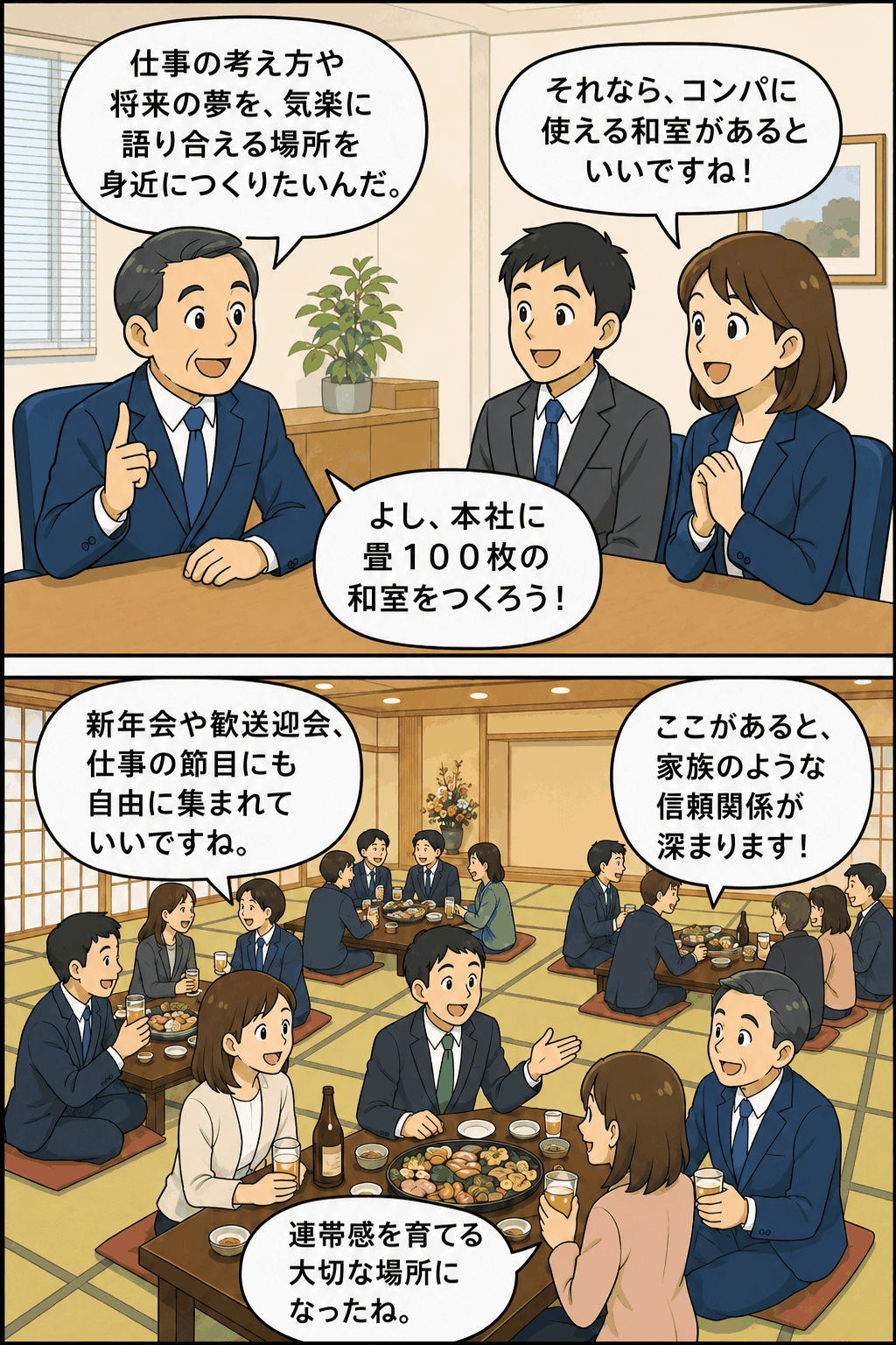 社員同士が仕事の考え方や将来の夢を語り合うため、本社に畳100枚の和室コンパ専用ルームを設けた会社の取り組みを描いた漫画