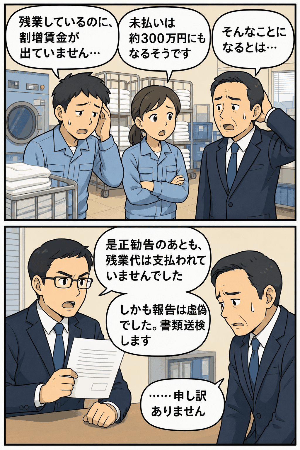 リネンサプライ会社で約300万円の未払い残業代と虚偽の是正報告が発覚し、立川労働基準監督署が書類送検した事例を描いた漫画