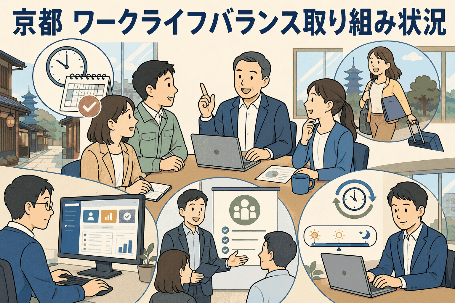 京都市の中小企業におけるワークライフバランス推進の取組状況を示すイラスト。労働時間削減、有給休暇取得促進、業務効率化システム導入、管理職研修、フレックスタイム制などの取組を表現。