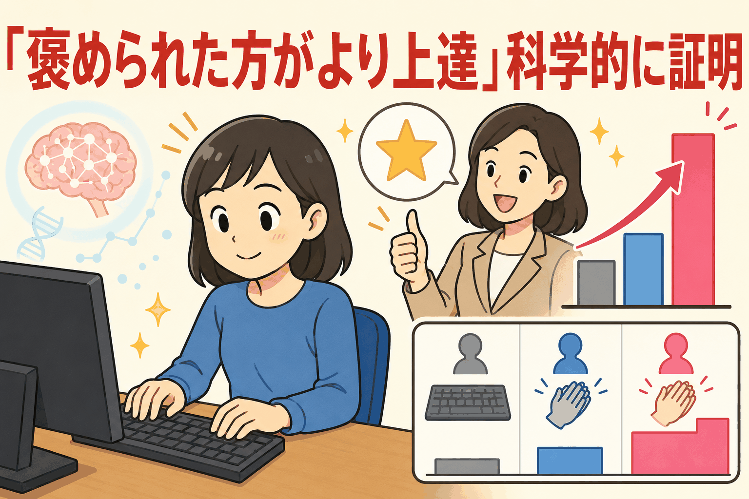褒められた方が学習効果や記憶の定着が高まることを示す、キーボード練習と成長グラフのイラスト