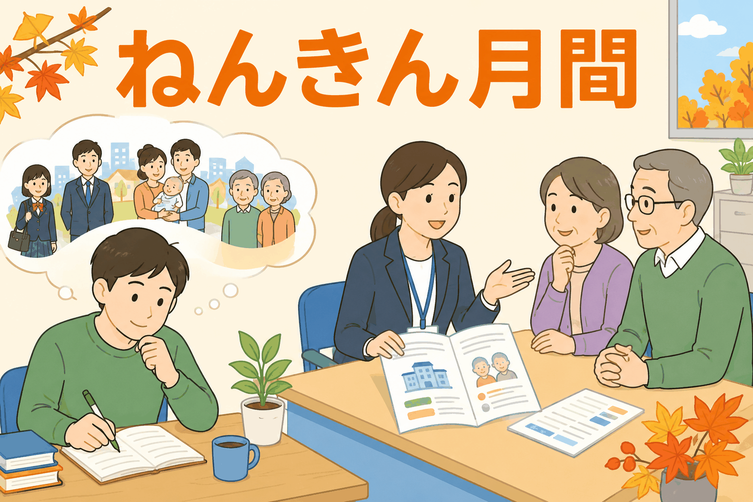 ねんきん月間に年金相談を受ける高齢夫婦と、将来の公的年金制度について考える若者のイラスト
