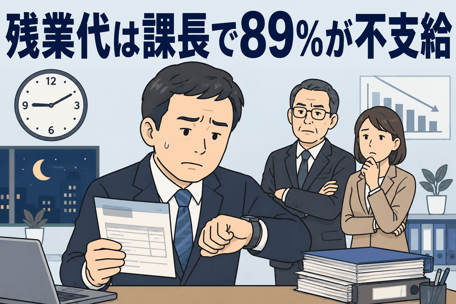 管理職の残業代不支給状況を示すイラスト。部長クラス約95％、課長クラス約89％で残業代が不支給となり、深夜割増賃金の支給実態にも差があることを表現。