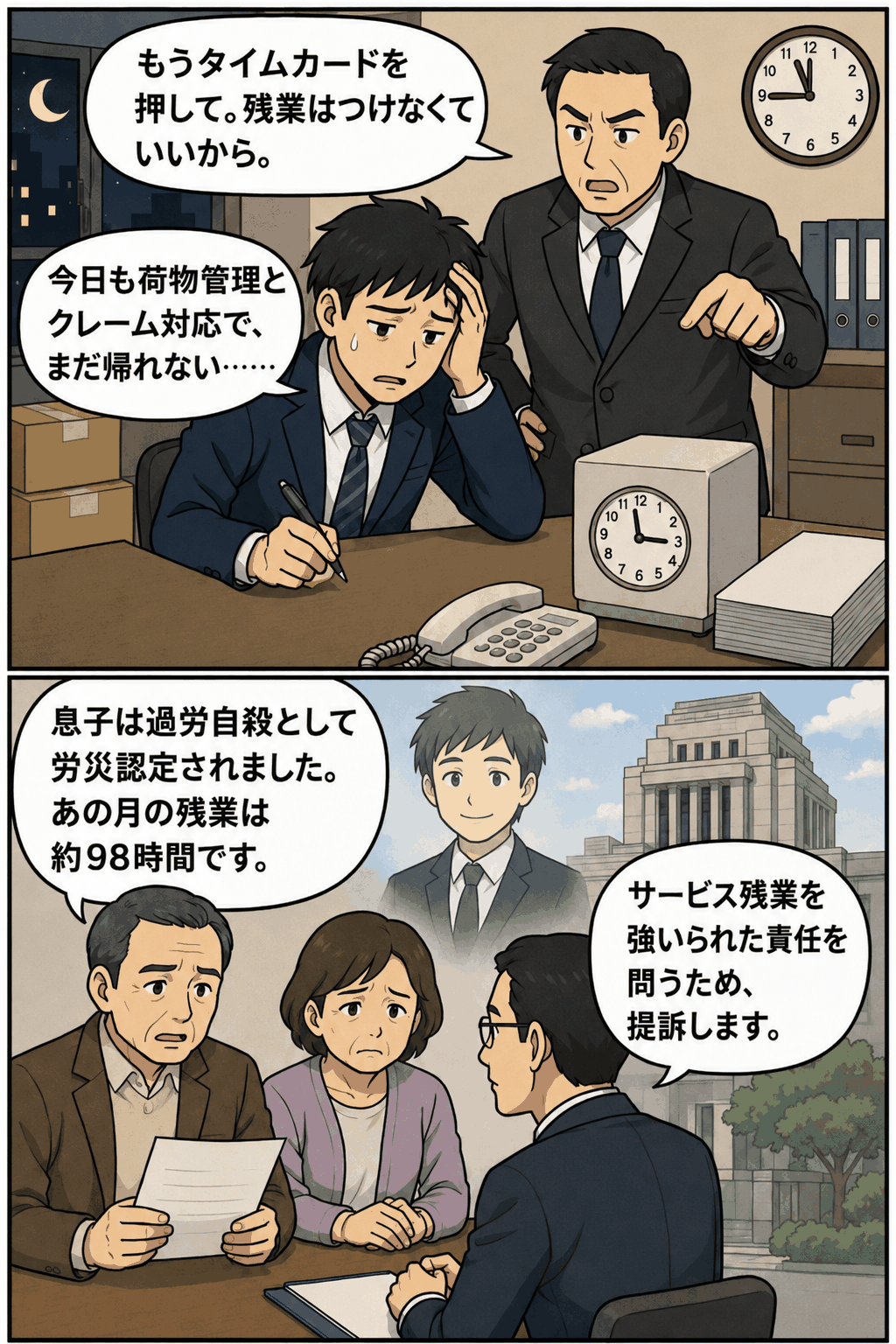 サービス残業と過労自殺をめぐり、タイムカードの早押し指示や月98時間の残業、遺族による運輸会社提訴を描いた漫画