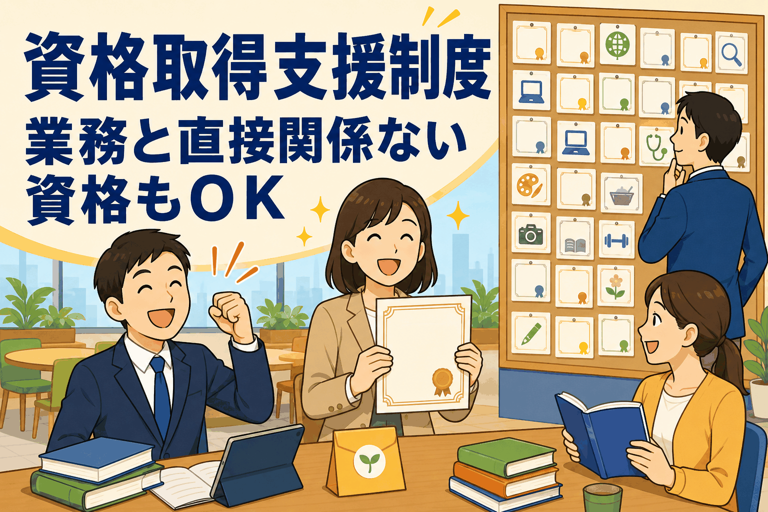 資格取得支援制度により業務と直接関係ない資格も対象となり、社員が学習や資格取得に取り組む部品メーカーのイメージ