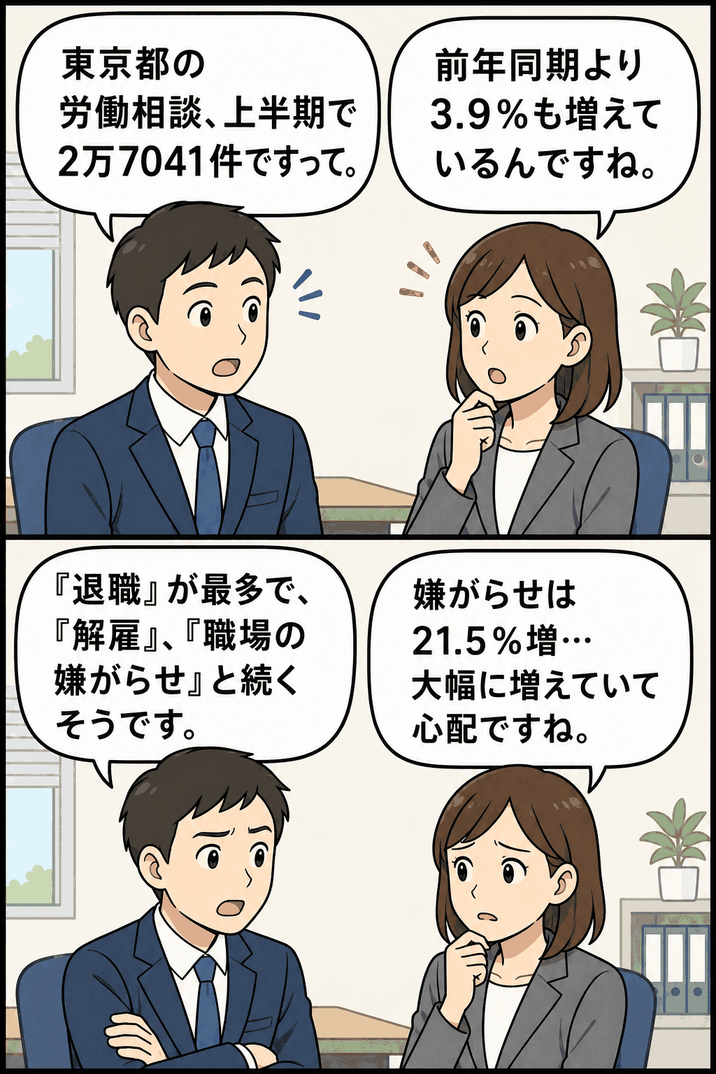 平成24年度上半期の東京都労働相談件数と職場の嫌がらせ増加を説明する男女社員の漫画