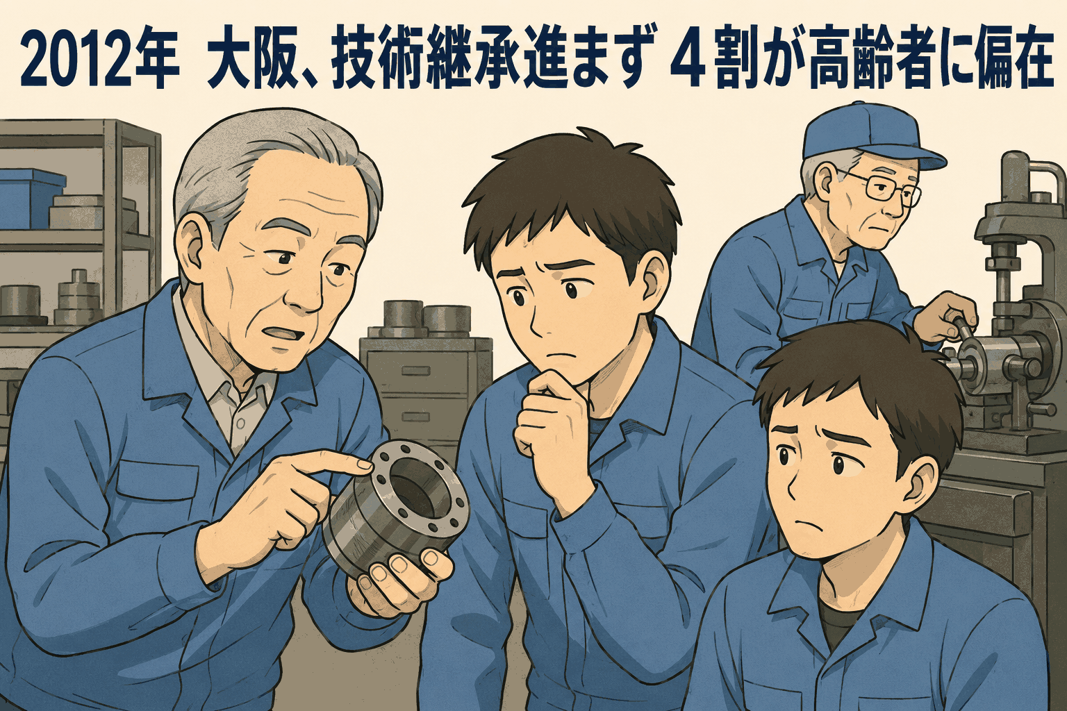 2012年の大阪における中小製造業の技術継承問題を示すイラスト。高齢技術者に重要技術が偏在し、若手職人への継承が課題となっている様子。