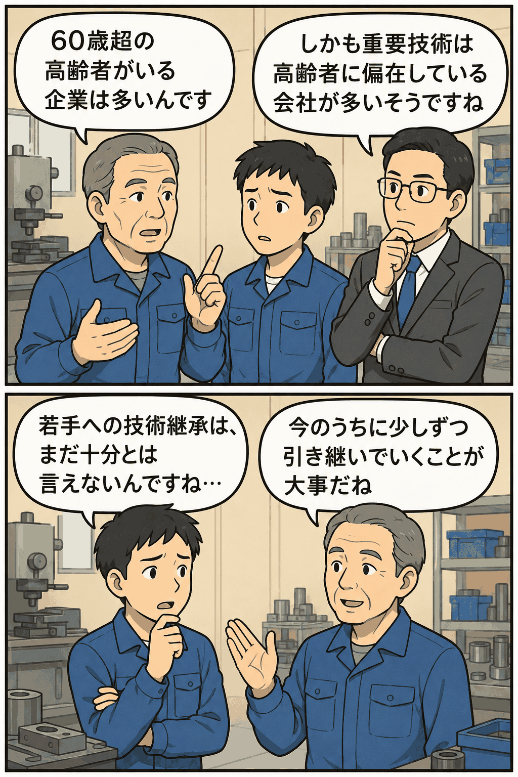 大阪の中小製造業で高齢技術者に重要技術が偏在し、若手への技術継承が課題となっている実態を説明する漫画イラスト。