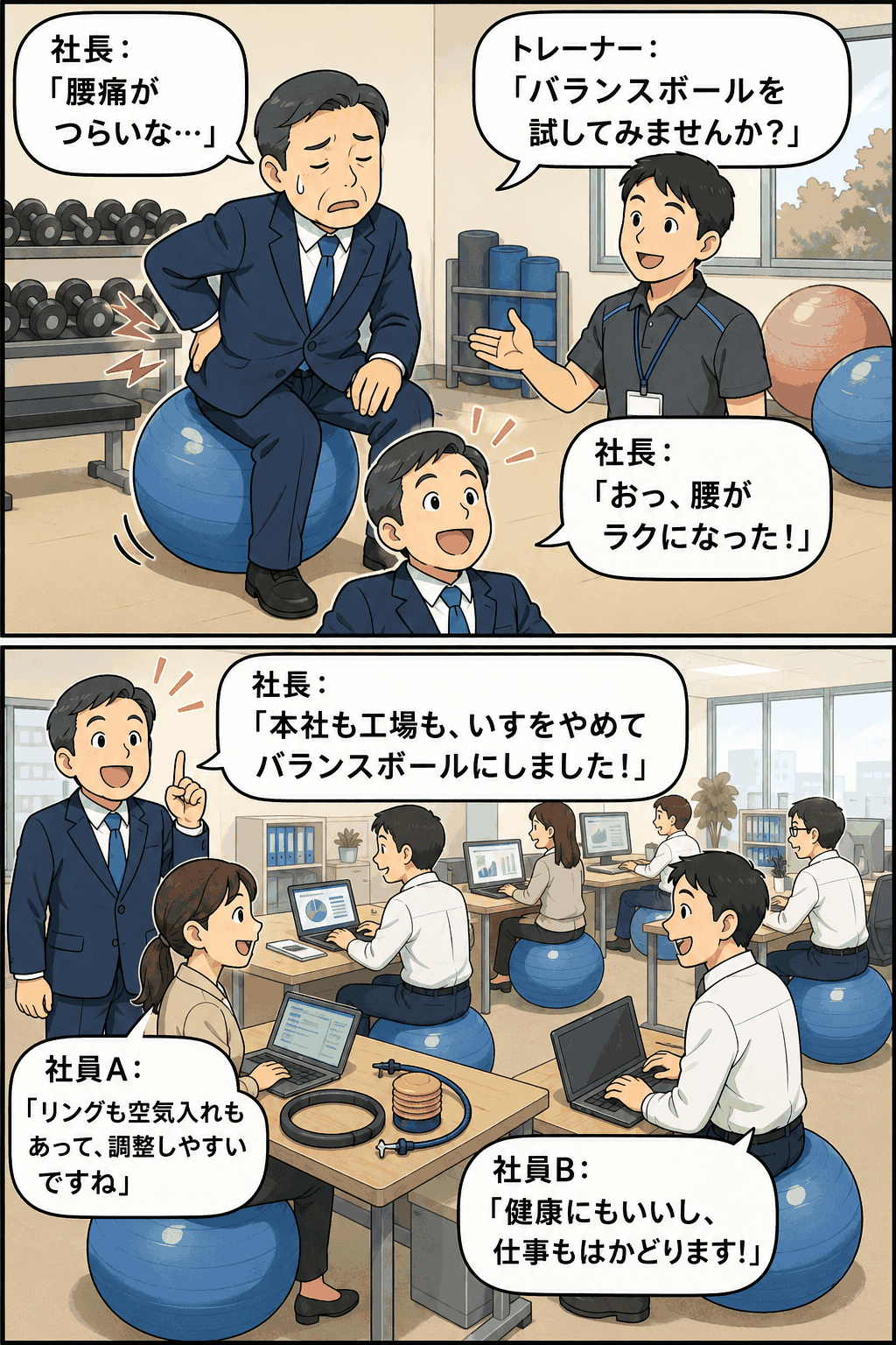 腰痛に悩む社長がフィットネスクラブでバランスボールを勧められ、腰痛改善をきっかけに本社や工場の椅子をすべてバランスボールに変更した健康経営の漫画イラスト。