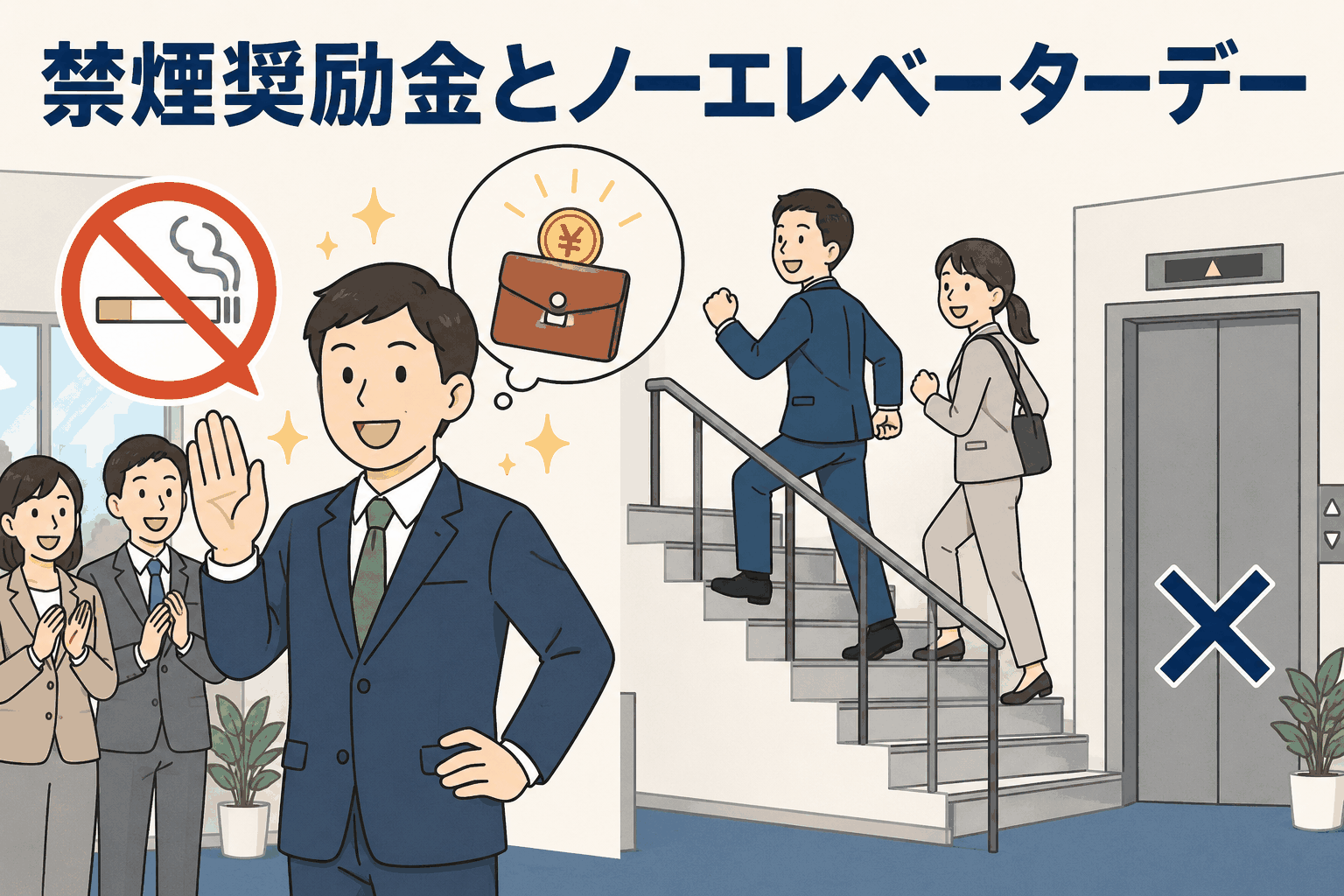 禁煙奨励金とノーエレベーターデーに取り組む会社の健康経営事例を示したイラスト