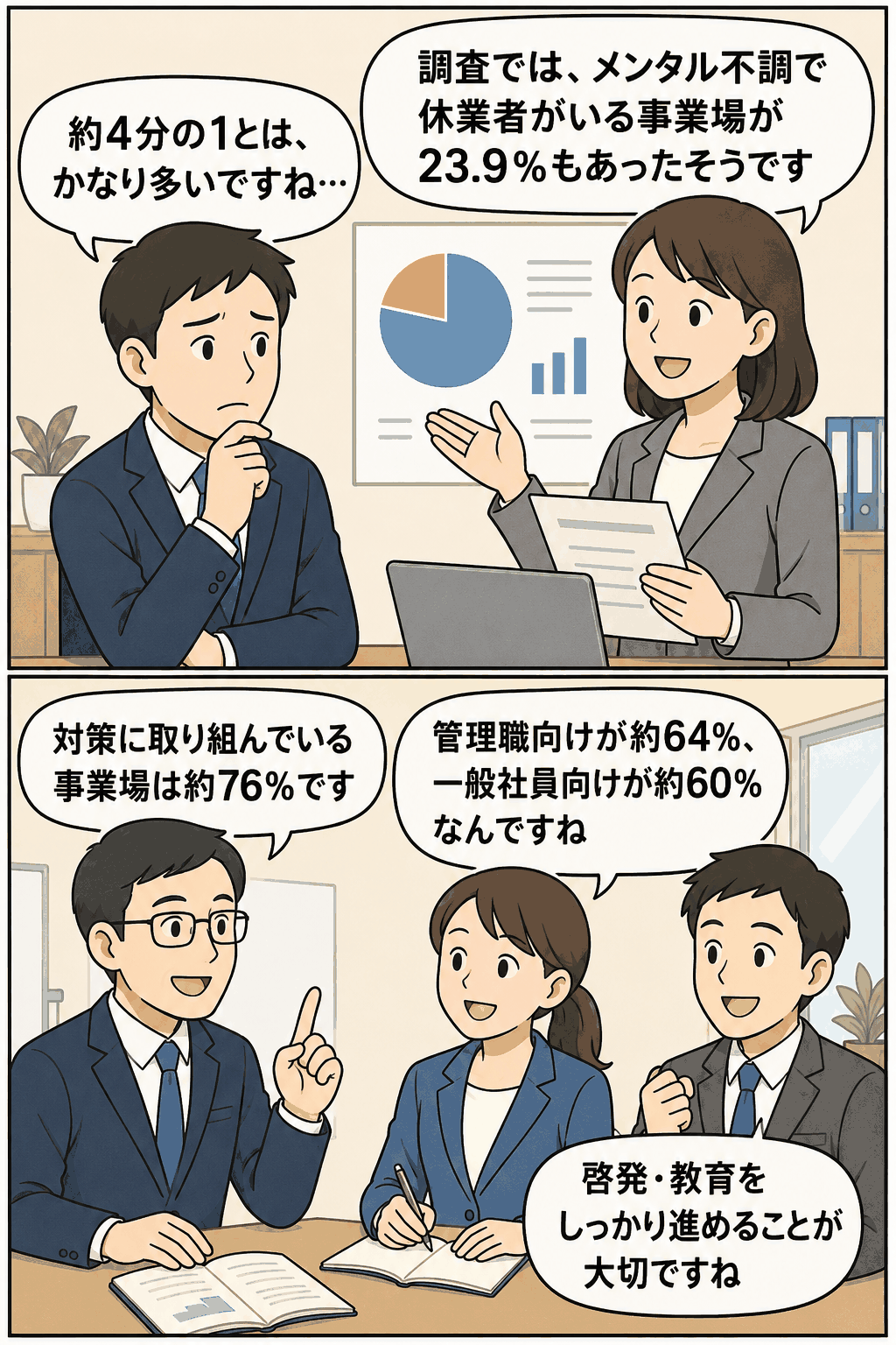 熊本労働局の調査結果をもとに、メンタル不調による休業者がいる事業場23.9%、メンタルヘルス対策実施率約76%を解説する職場メンタルヘルス対策の漫画