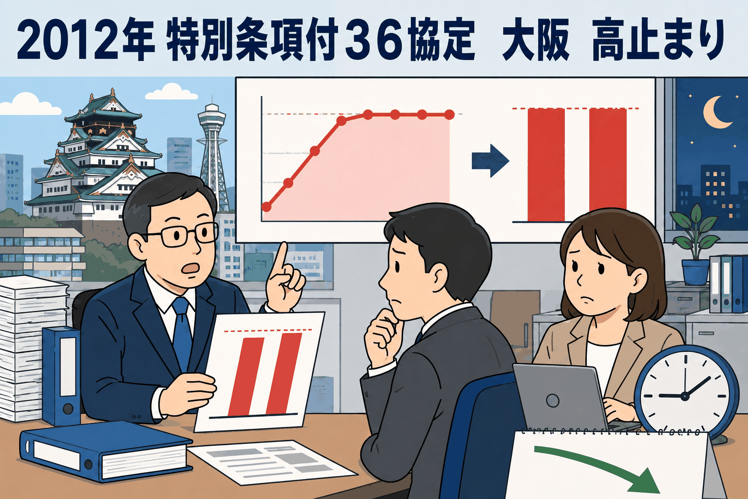 2012年特別条項付36協定の大阪における高止まり状況を、グラフと会議風景で示した労働時間適正化キャンペーンの解説画像