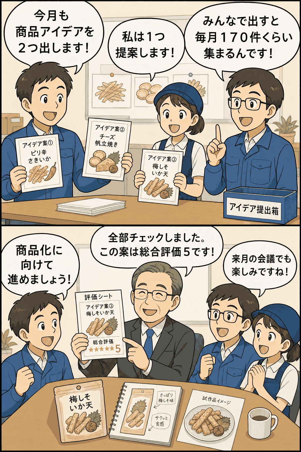 おつまみ向け珍味食品会社で、社員とパート従業員が毎月商品アイデアを提案し、社長が評価5の企画を商品化へ進める様子を描いた漫画