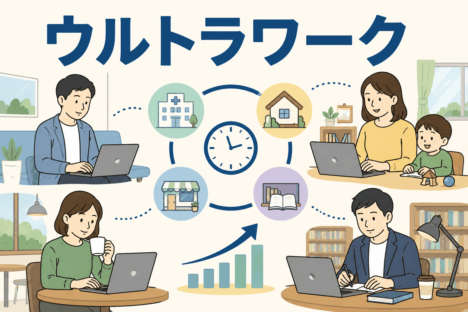 ウルトラワーク制度により、自宅・カフェ・図書館など場所や時間にとらわれず柔軟に働く社員のイラスト