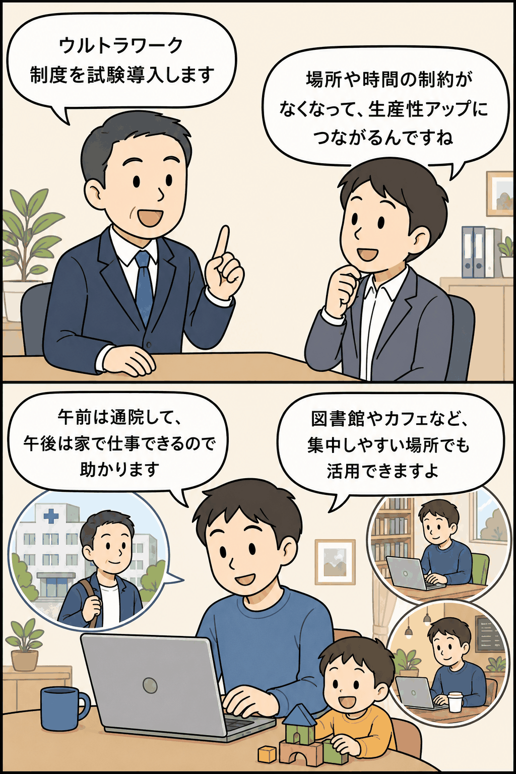 ウルトラワーク制度の試験導入により、通院後の在宅勤務や図書館・カフェでの仕事など柔軟な働き方を説明する漫画イラスト
