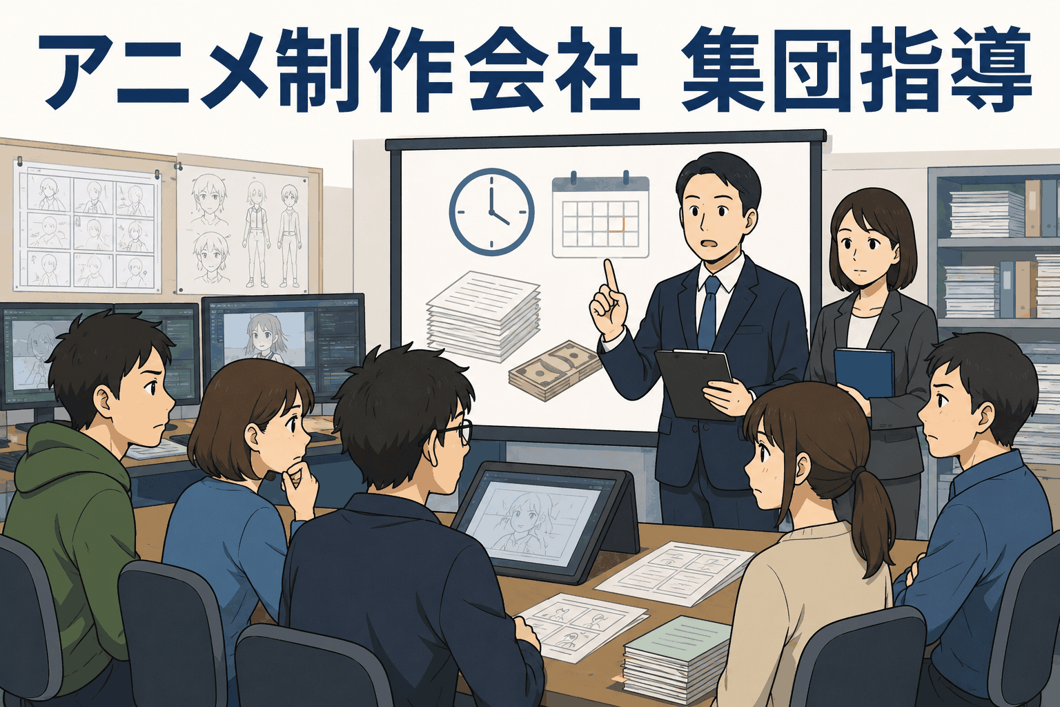 東京都の新宿・池袋労働基準監督署がアニメ制作会社111事業場に集団指導を行い、36協定未締結や割増賃金・最低賃金法の問題を説明するイラスト