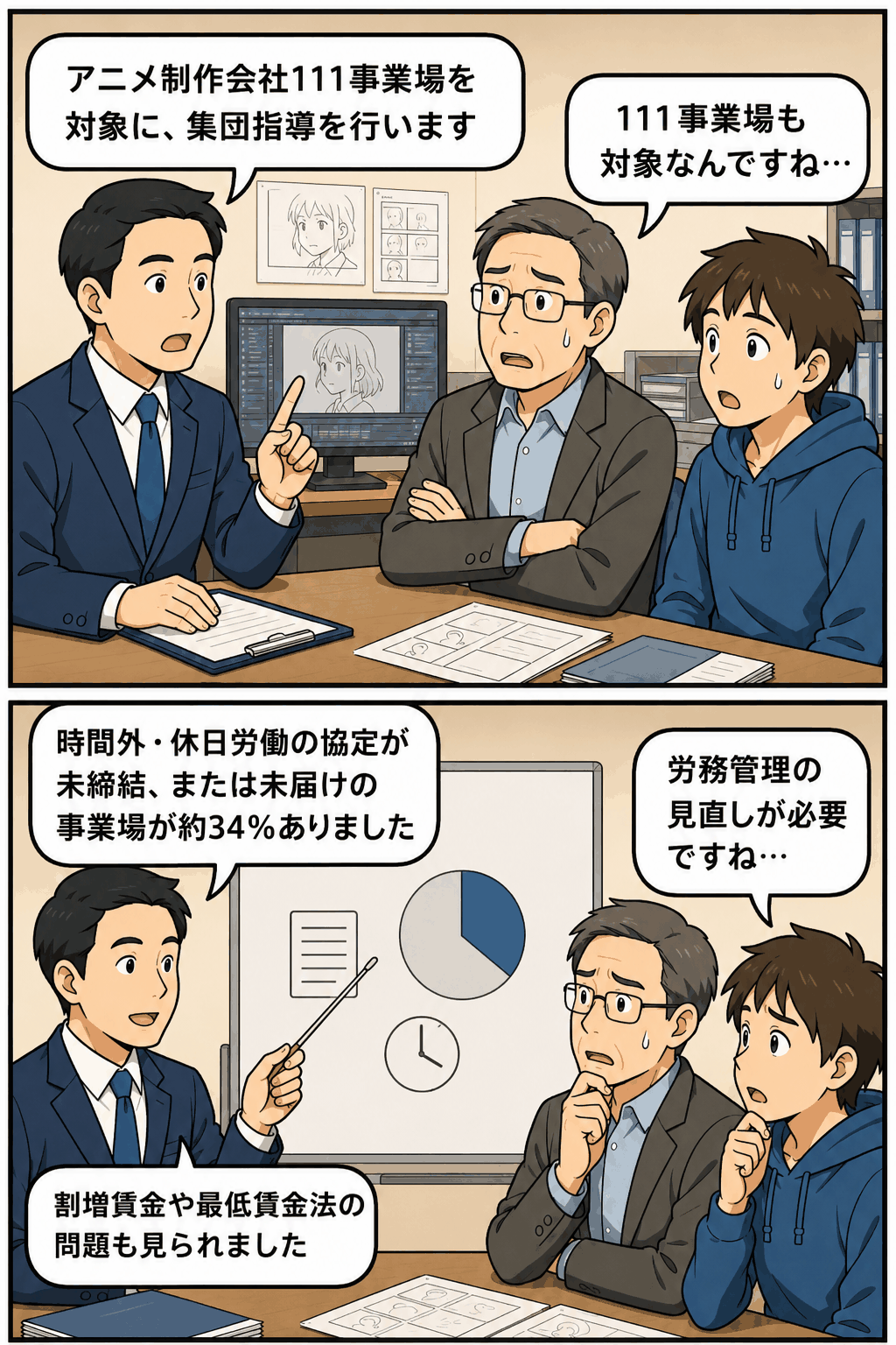 新宿・池袋労働基準監督署がアニメ制作会社111事業場を対象に集団指導を行い、36協定未締結や割増賃金・最低賃金法の問題を説明する漫画