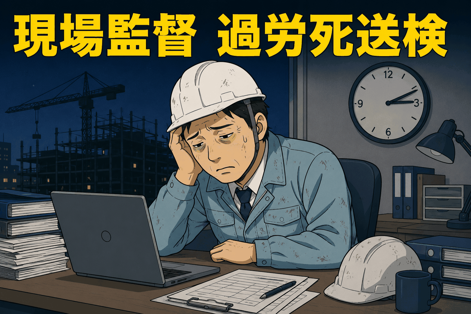 現場監督が過労死送検となった建設会社の長時間労働問題を表すイラスト
