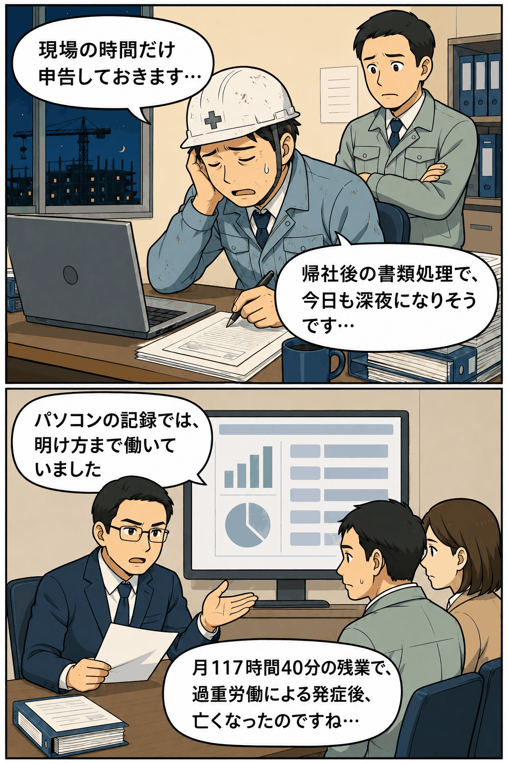 建設業の現場監督が自己申告制で現場作業時間のみを申告し、パソコン記録から月117時間40分の残業が判明した過重労働問題の漫画