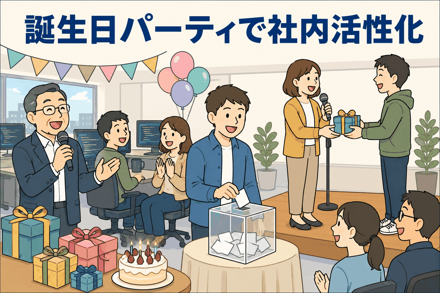 ゲームソフト開発会社の社内誕生日パーティで、社員がくじ引きやプレゼント交換を行い交流を深める様子