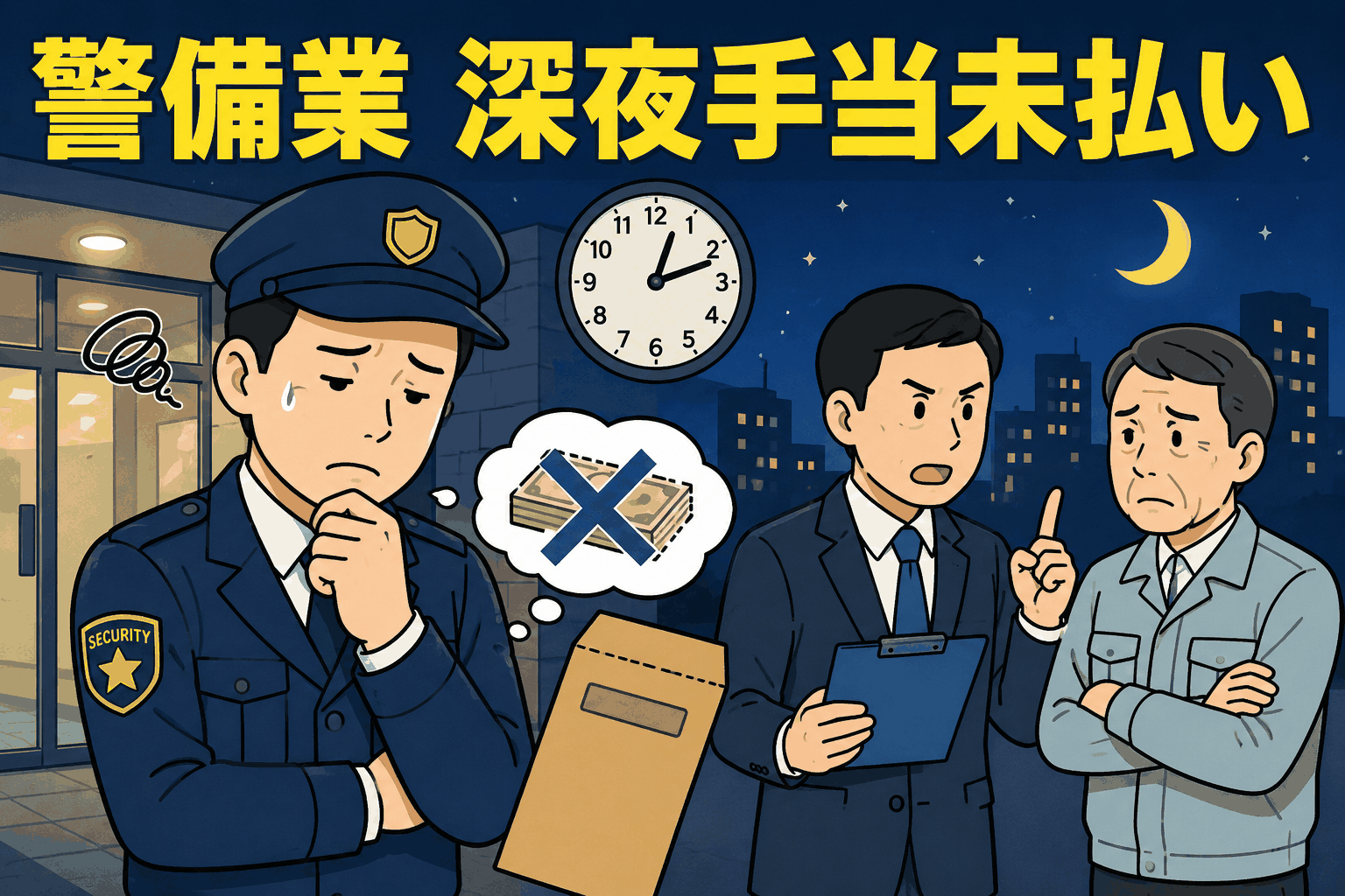 警備業とビルメンテナンス業で深夜手当未払いが問題となり、労働基準監督署の監督指導を受ける警備員と担当者のイラスト