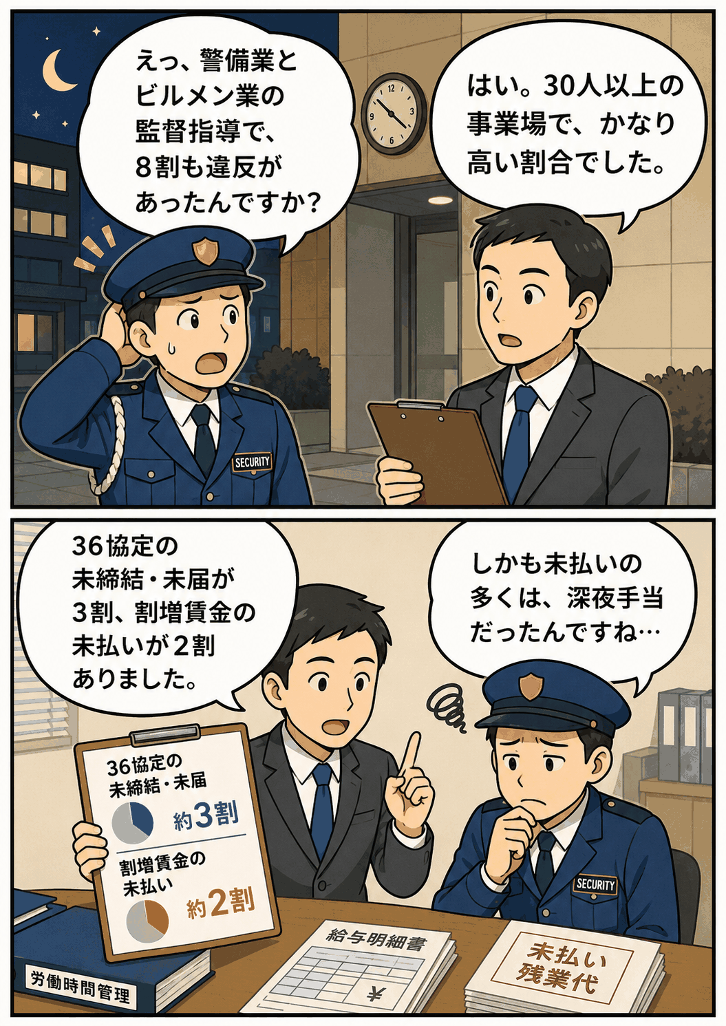 警備業・ビルメンテナンス業の監督指導で8割の違反が判明し、36協定未締結や深夜手当未払いを説明する漫画イラスト