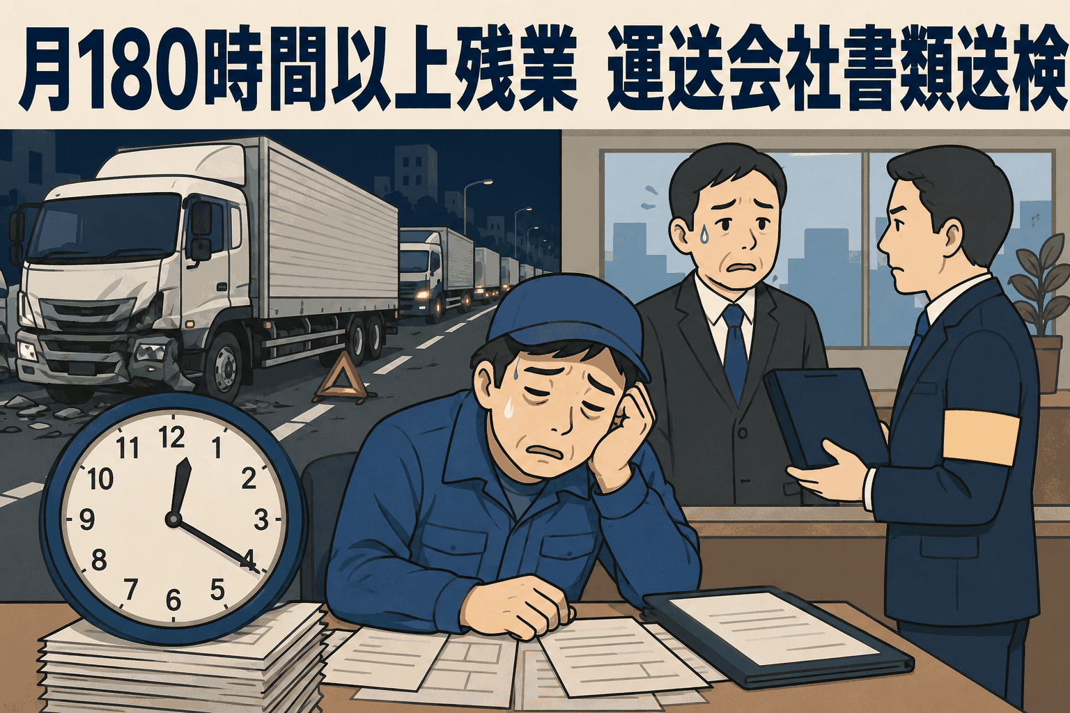 月180時間以上の残業が疑われる運送会社の労基法違反書類送検を示す、事故トラック・疲弊した運転手・労働基準監督署のイラスト