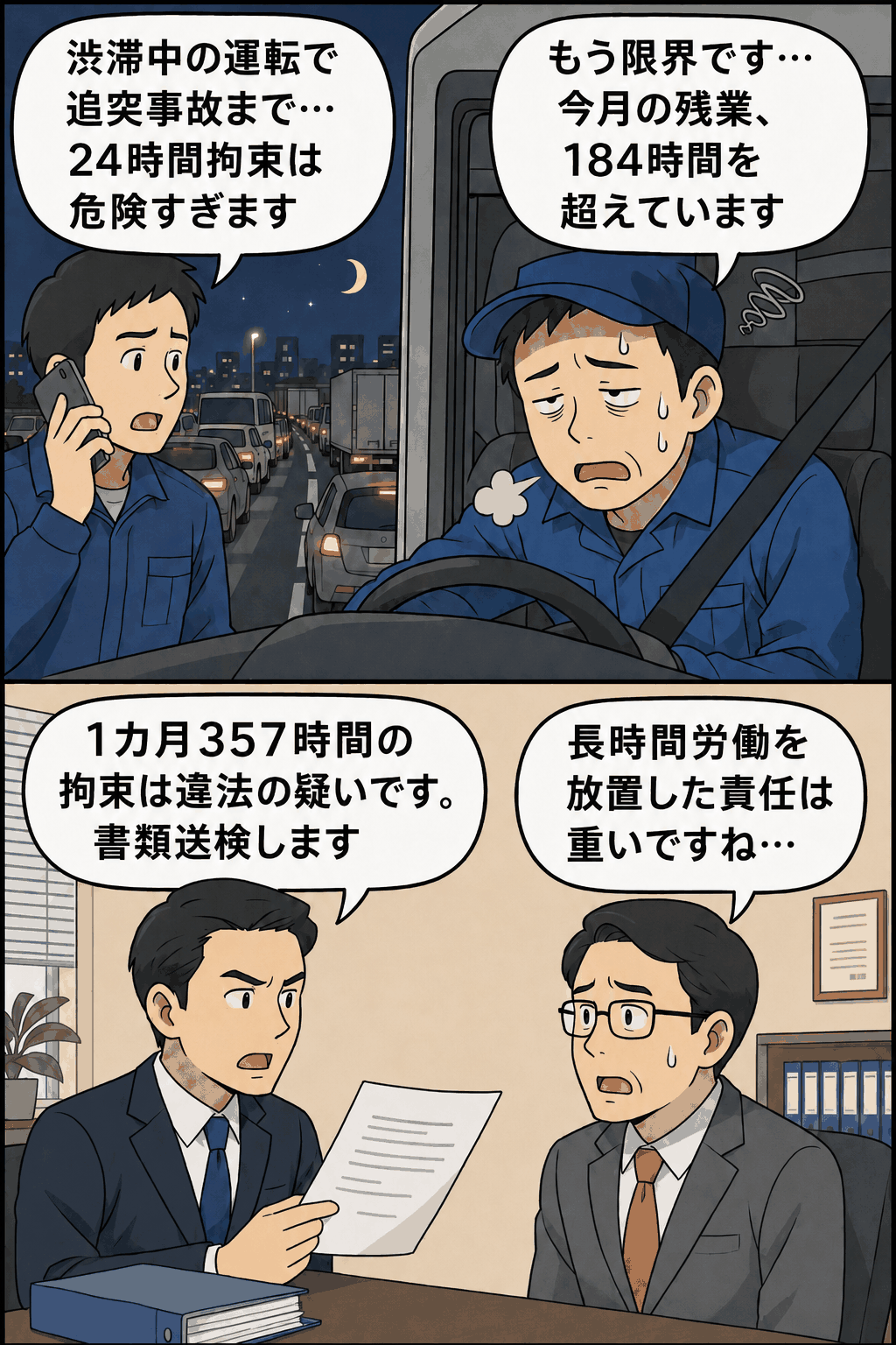 月184時間超の残業と1カ月357時間の拘束が疑われるトラック運送業者の労基法違反書類送検を描いた漫画イラスト