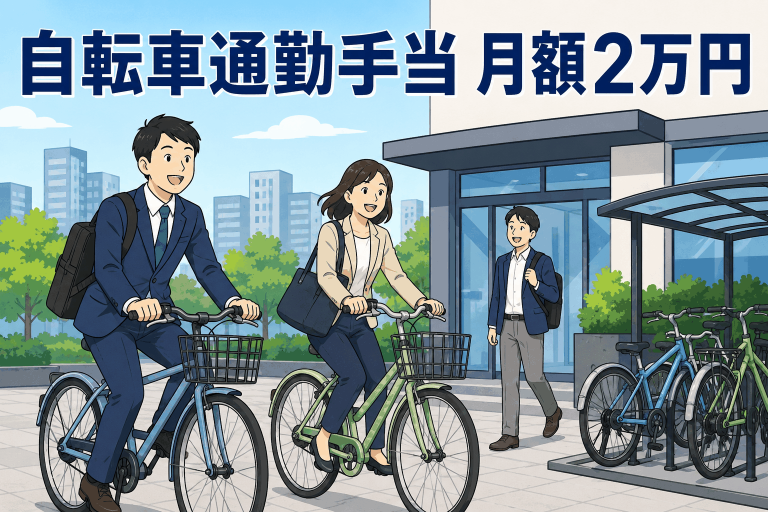 自転車通勤手当として月額2万円を支給する会社で、自転車通勤する社員と整備された駐輪場
