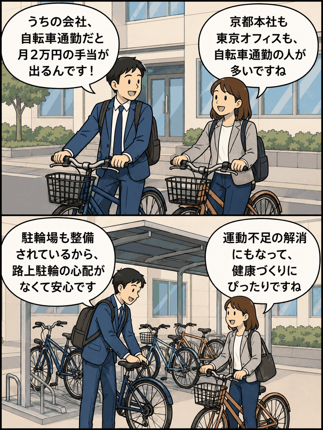 自転車通勤で月額2万円の手当が支給され、駐輪場整備や健康づくりにもつながる会社制度を説明する漫画