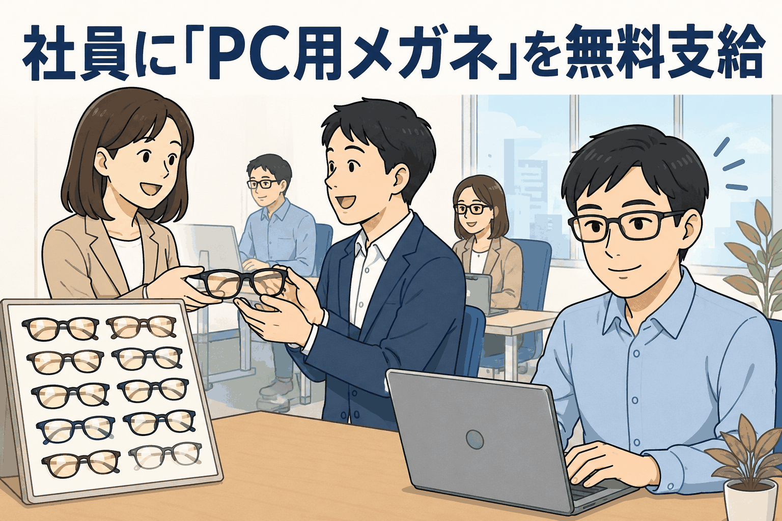 システム会社が社員にブルーライトを約50％カットするPC用メガネを無料支給し、28種類のデザインから選べる様子