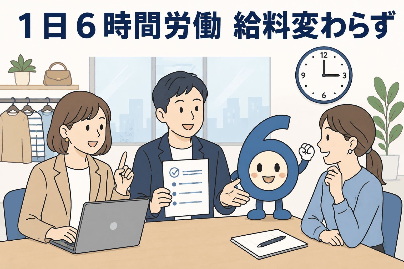 1日6時間労働でも給料が変わらない働き方を説明するオフィスのイラスト