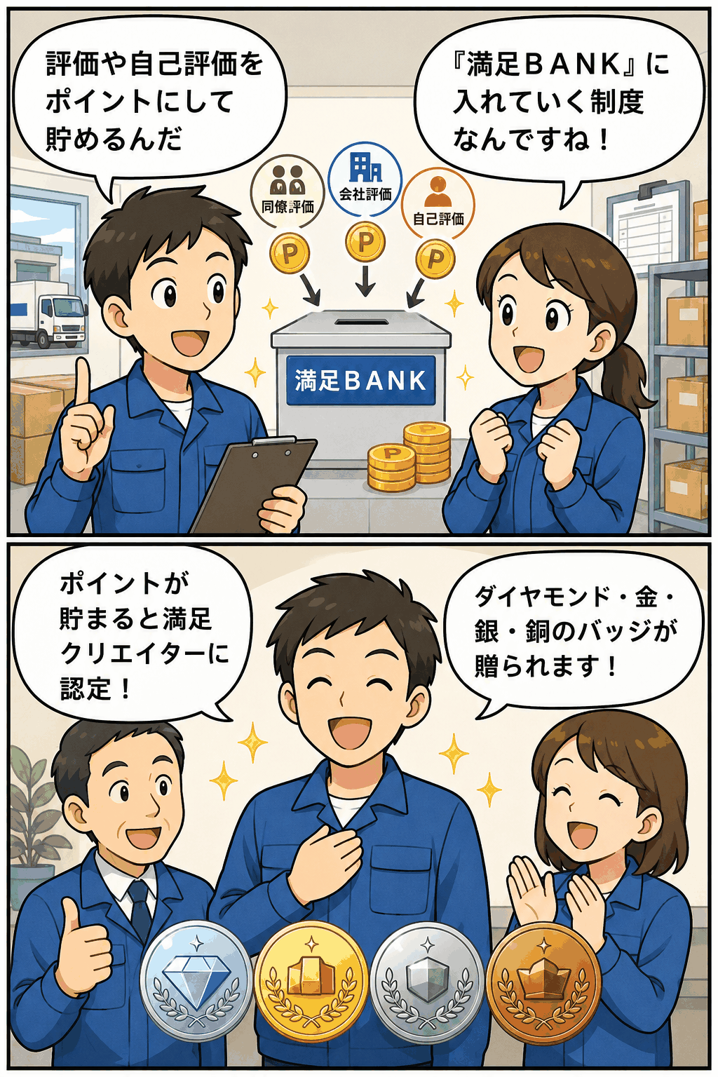小口貨物会社の満足ポイント制度を説明する漫画で、評価や自己評価を満足BANKに貯め、満足クリエイター認定とダイヤモンド・金・銀・銅バッジ贈呈を紹介している