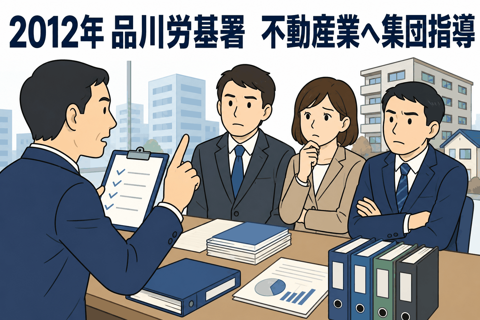 2012年に品川労働基準監督署が不動産業へ集団指導を行い、労働条件明示や違法残業・残業代不払いの防止を説明しているイラスト